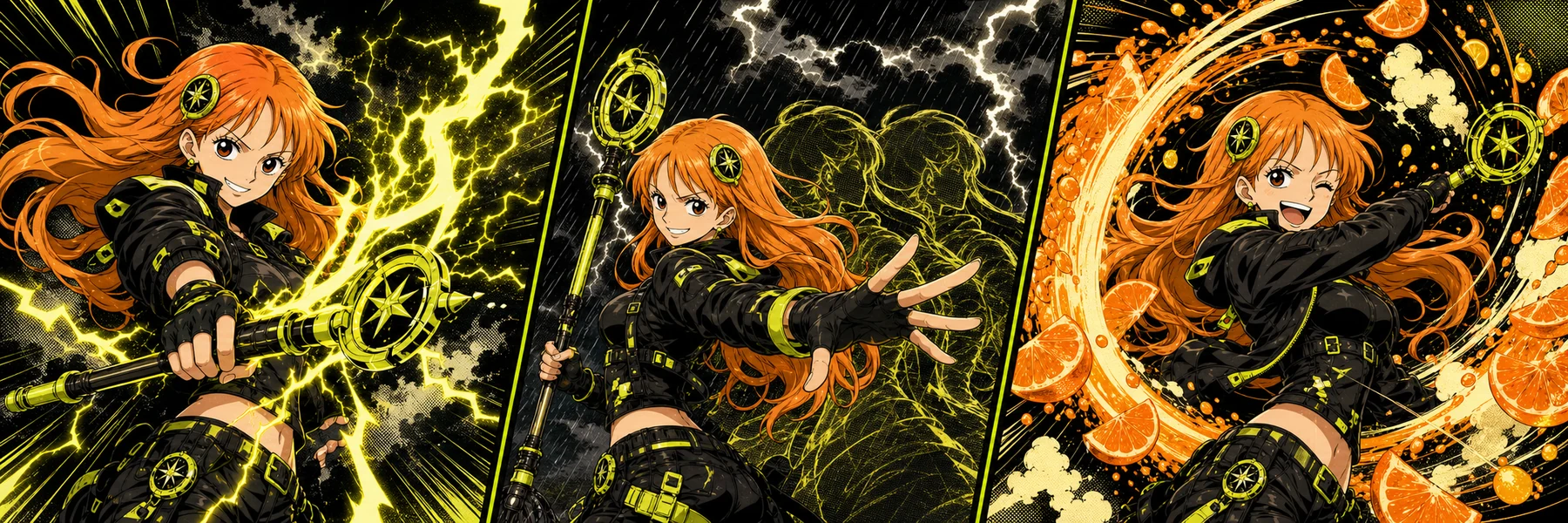 Three manga panels showing NAMI's electric, mirage, and tangerine weather modes